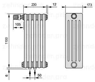 Схема (чертеж) Радиатор Zehnder Charleston 5110/5 №V007 Белый глянцевый RAL 9016